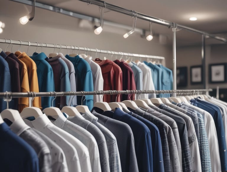 Several white and blue shirts are hung on a black metal clothing rack against a light backdrop. The white shirts feature red graphic designs, and a contrasting blue shirt is placed next to them.