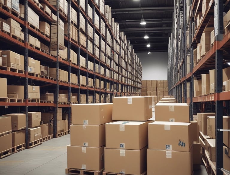 A warehouse aisle with tall metal shelves filled with stacked boxes and pallets. The perspective is low to the ground, highlighting the yellow safety lines painted on the floor. The environment seems organized and industrial, with a focus on storage and logistics.