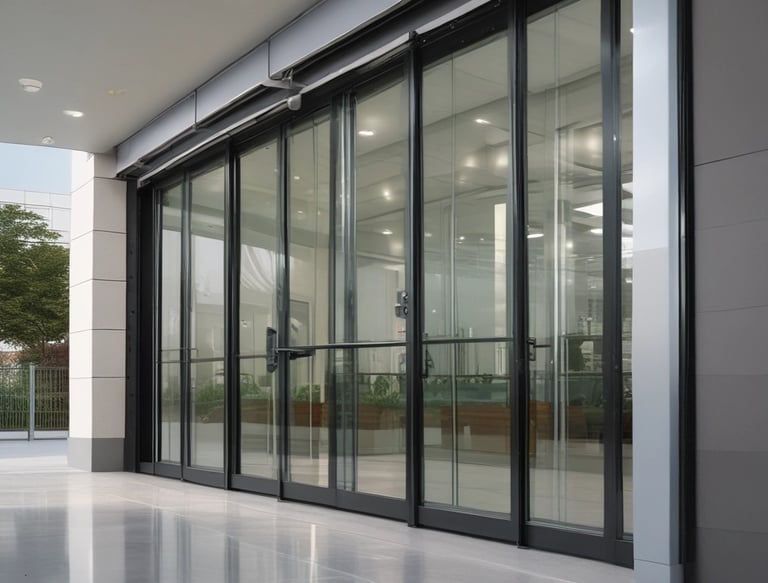Several glass doors, likely part of a building entrance or exit, display circular blue signs with upward-facing arrows. The doors are slightly open, revealing a partial view through them to the other side. There are reflections on the glass panels of the surrounding environment, including a building and some pavement. The scene has an industrial and urban feel.