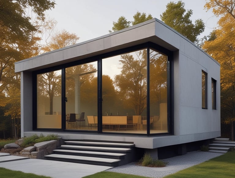 A modern architectural interior featuring large glass walls and steel beams. The structure has angular and geometric designs, with a prominent staircase or ramp intersecting the space. Natural light streams through the windows, illuminating the airy and spacious environment.