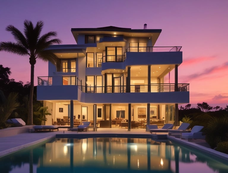 Beautiful luxury modern California home at twilight with a pool and palm trees