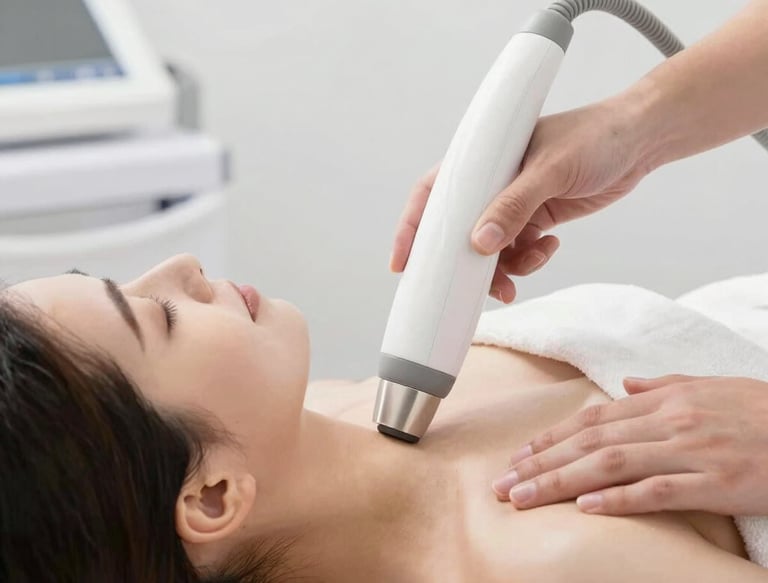 Soft-focus image of a serene spa room with calming lights and cozy treatment chairs.
