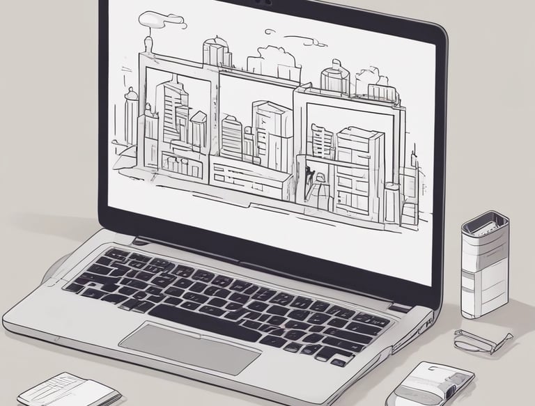 A laptop displaying the words 'Building Websites' rests on a small wooden table with black and white legs. Next to the laptop is a black mug placed on a coaster. The setting includes a brown leather sofa in the background and a patterned carpeted floor.