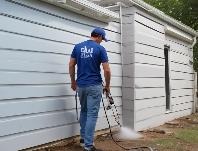A person wearing a hat and face covering is cleaning the windshield of a red Honda car parked in front of a building with an orange tiled roof and cream-colored doors.