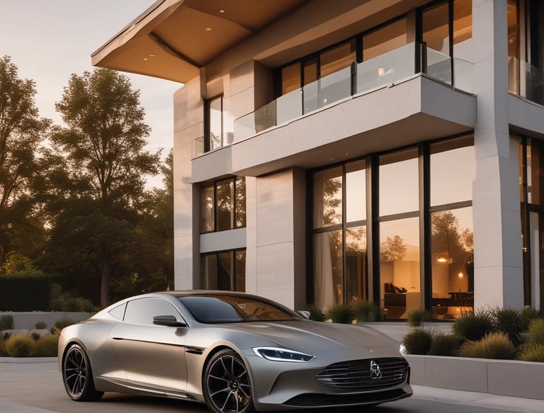 A sleek luxury car parked in front of a modern upscale home during golden hour.