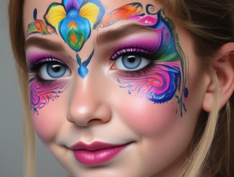 A smiling child with a rainbow butterfly painted on their cheek at an outdoor party.