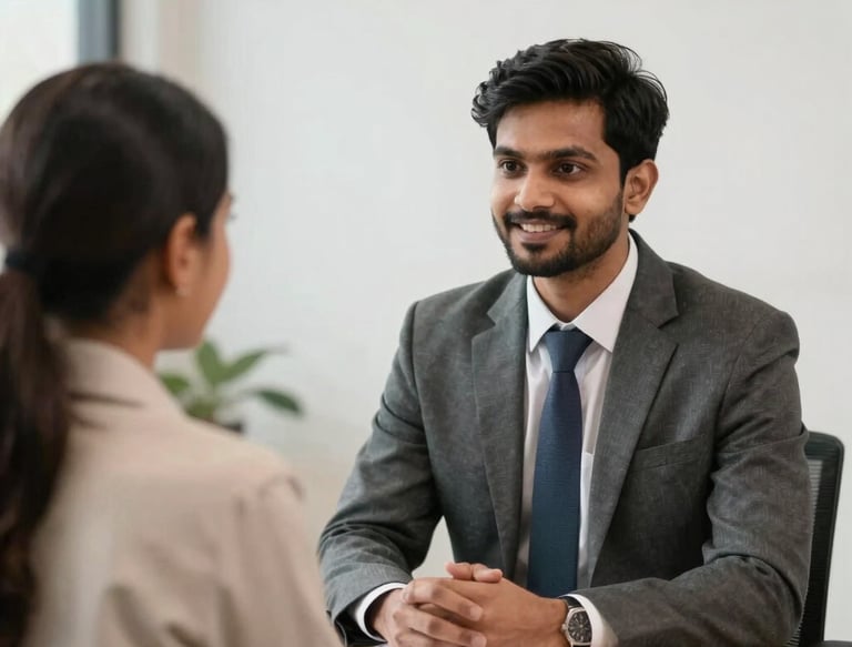 A smiling consultant helping a young professional with visa paperwork in a cozy office.