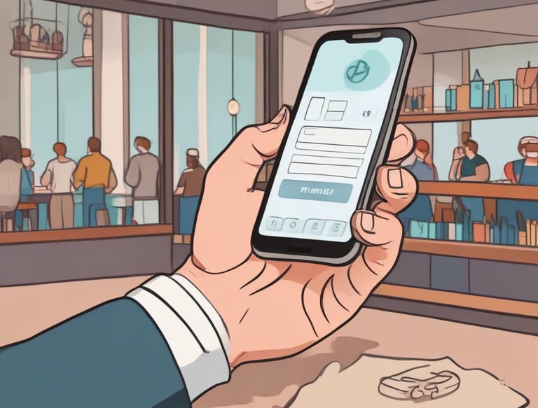 A person holds a smartphone that displays a website in French offering a simple and effective solution for managing social networks. The smartphone screen shows vibrant colors including purple and red text, and the background features green leaves.