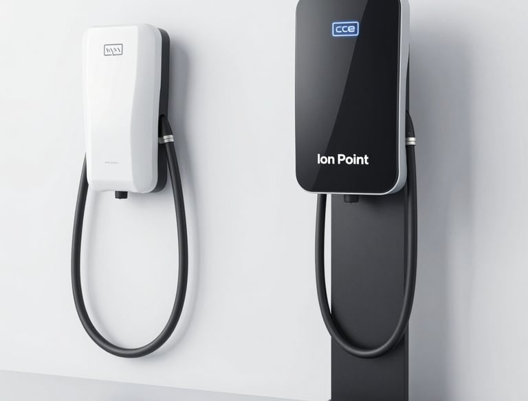 A modern electric vehicle charging station is mounted on a wooden wall. The charger has a sleek design with a matte gray finish and features a green illuminated symbol. The background consists of wood panels with natural grain patterns, suggesting an outdoor installation.