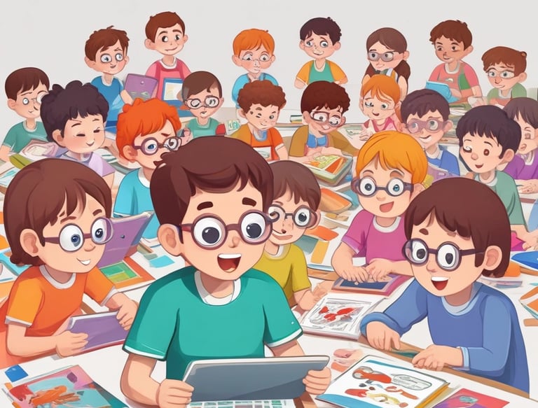 Several children are seated around a table, each using a tablet device with educational content displayed. An adult stands nearby observing the activity. The setting appears to be a classroom or learning environment, with the focus on digital learning.