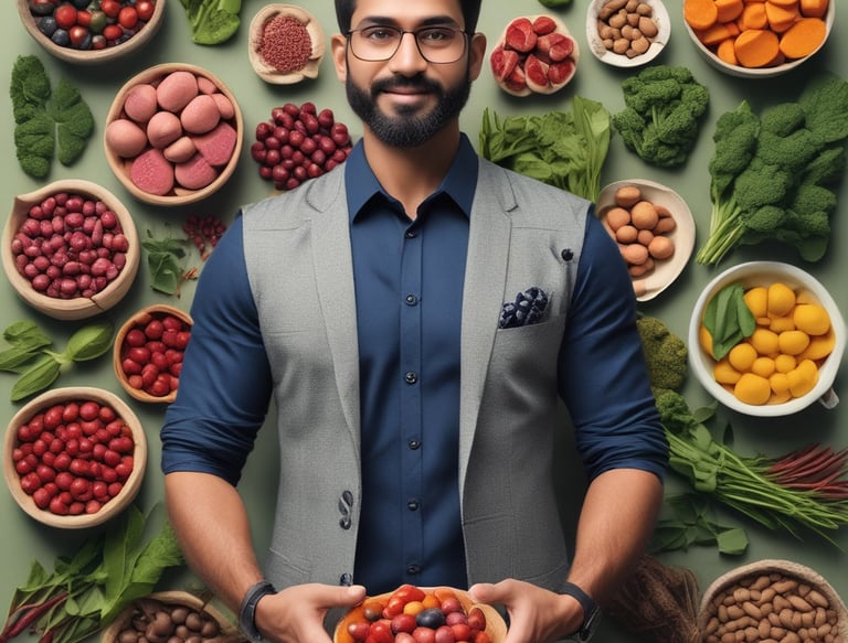 A vendor wears a bright green Grab Food apron while serving products in a bustling market. There are a variety of items on display, including jars, bottles of sauces, spices in bowls, and hanging bags. The market is filled with diverse goods and has a lively atmosphere.