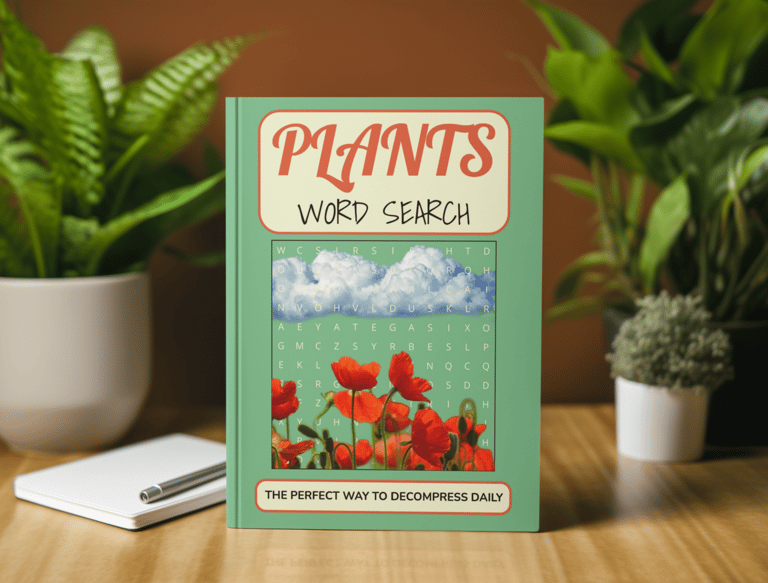 Plants Word Search book by Debas Direct on desk with plant and notebook