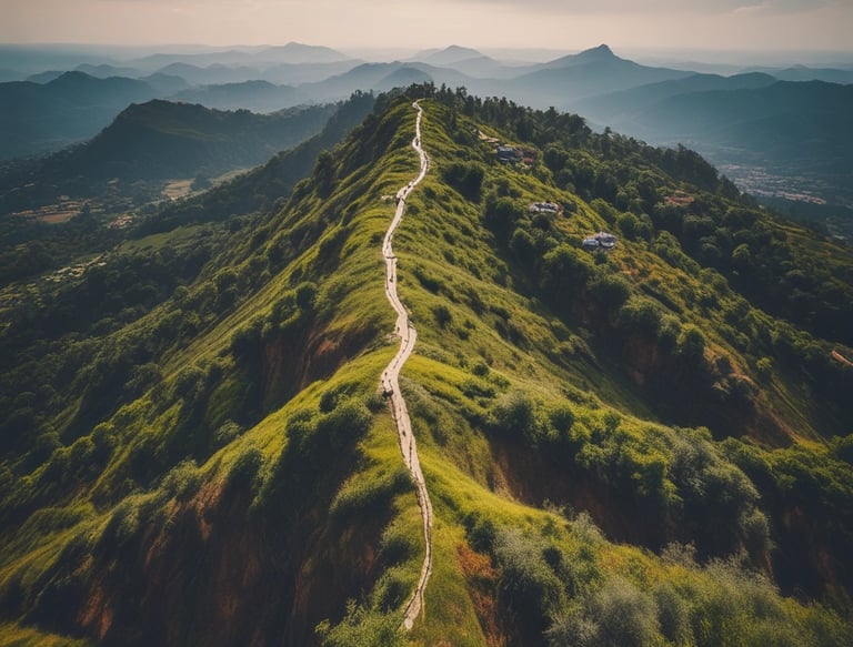 A construction site features multiple rows of newly built, unpainted apartment buildings made of concrete. Heavy machinery, including excavators, is visible around the site. The backdrop includes a suburban area with residential homes and a forested area extending into the distance.