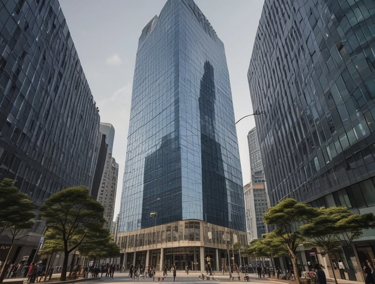 A modern, large, multi-story office building is prominently situated on a clear day, featuring the letters 'BCI' with a logo on its facade. The structure is surrounded by a well-maintained garden and a sidewalk where several people are walking. Nearby, cars are parked and some are driving along the street.