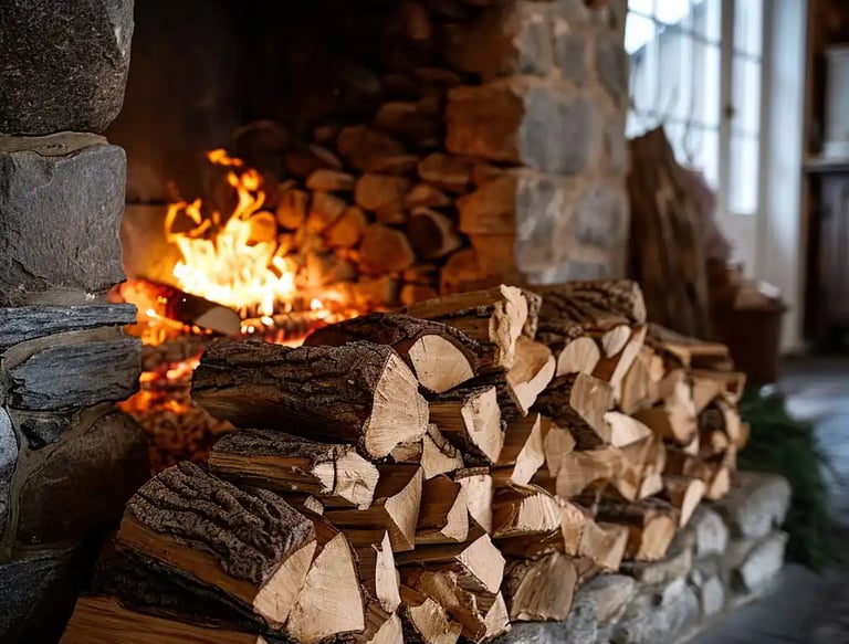 Image of an open fireplace with a small pile of firewood in front