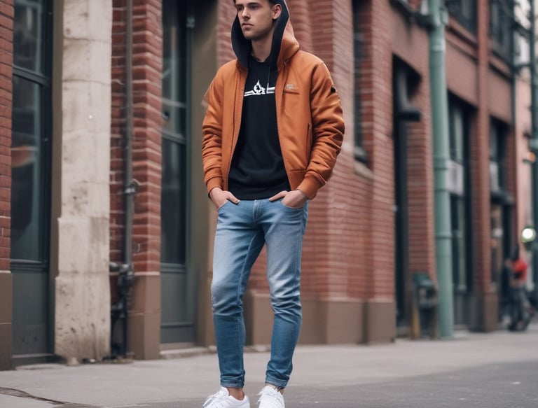 A stylish man showcasing modern fashion trends in a vibrant urban setting.