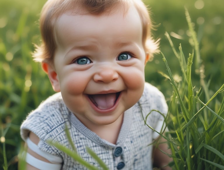 An adult is gently guiding a baby as they practice walking on grass. The scene is set outdoors with trees in the background, giving a serene and natural environment. The adult is wearing glasses and a light-colored top, while the baby is dressed in casual clothes.