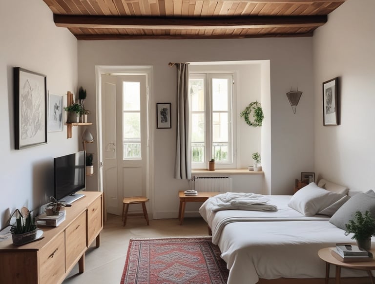 A hotel room with a neatly made bed featuring two yellow cushions and two bedside lamps providing warm lighting. A black and white headboard contrasts with the beige walls. In the foreground, a tray on a counter holds glass tumblers, mugs, and various coffee sachets. A promotional card for travel assistance leans against the tray.