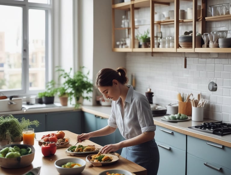 A woman in a kitchen enjoys a hot beverage from a small white cup. She is wearing a white robe and has long, straight dark hair. In front of her on a wooden mat are various breakfast items, including strawberries, a jar of honey, a plate with sliced cheese, and a bowl of cereal.