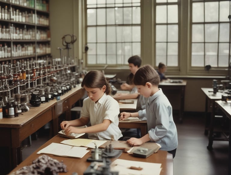 A young boy is focused on writing notes while sitting at a classroom desk. He is wearing a patterned shirt and a traditional cap. The boy rests his left hand on an open textbook, suggesting an educational setting.