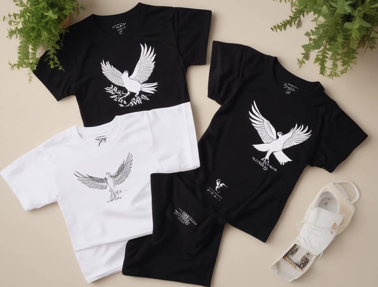 Three black T-shirts are neatly folded and laid out on a light-colored surface. The shirts have tags attached to them, and the phrase 'MADE WILD DNVR, CO' is visible on the two outer shirts, while the middle shirt features a unique white design resembling a skeleton hand.