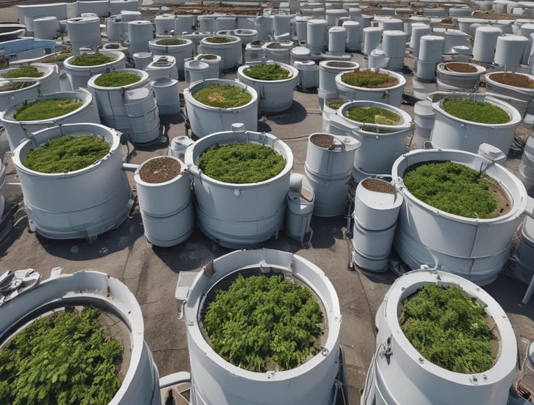 Rows of industrial air conditioning units are arranged on a rooftop, each featuring large fans housed in square metal enclosures. The units are aligned in a grid pattern, set against a background of a fenced area with an expansive flat surface.