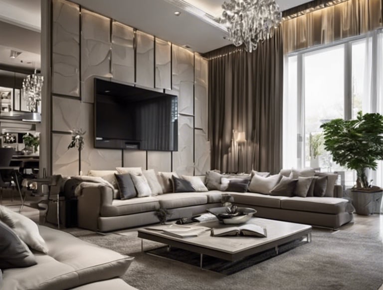 a living room with a couch and a chandelier