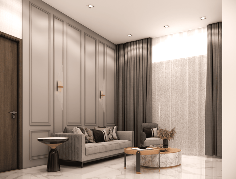 Interior design detail of living room sofa back panel paired with sofa and curtains