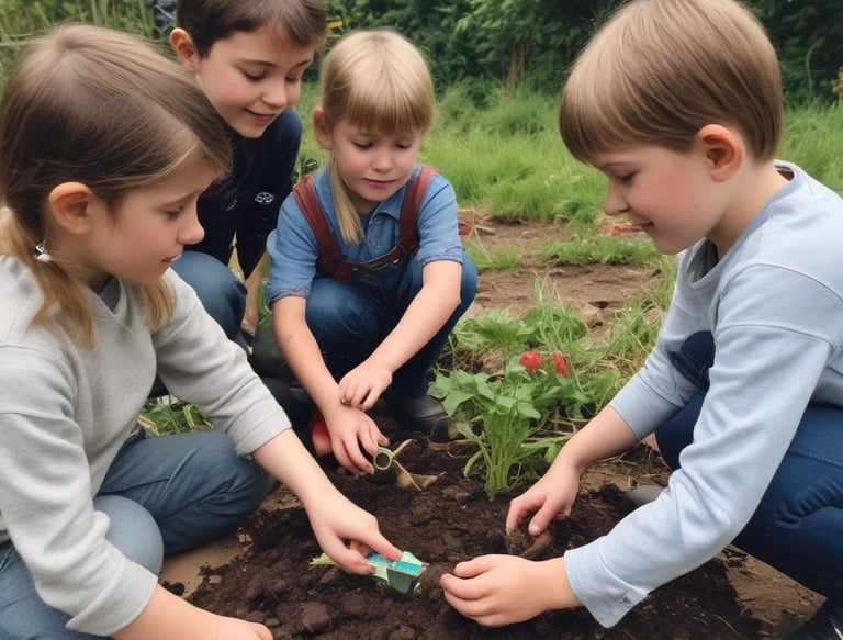 A group of children exploring a sensory-rich outdoor learning area filled with greenery.
