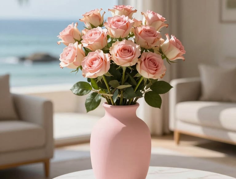 Cozy living room corner featuring a glowing 3D designed vase holding fresh flowers.