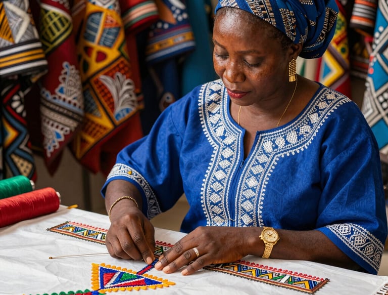 A close-up of a vibrant African textile artwork displayed at the fair.