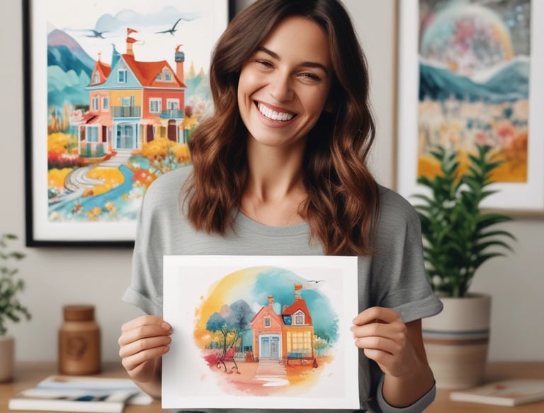A smiling customer holding a freshly unwrapped art print with a joyful expression.