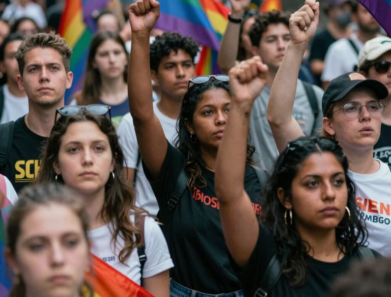 A group of diverse people engaged in a lively art workshop, painting and sharing ideas.