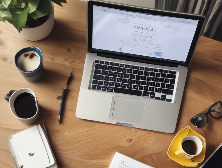 A vibrant workspace with a laptop displaying social media analytics and colorful notes.