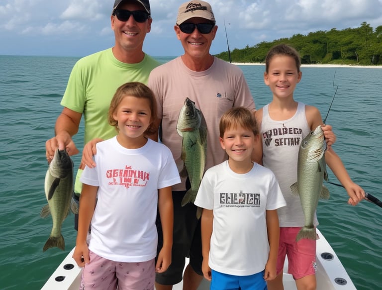 A local guide pointing out fishing spots from a small boat under a bright Caribbean sky.