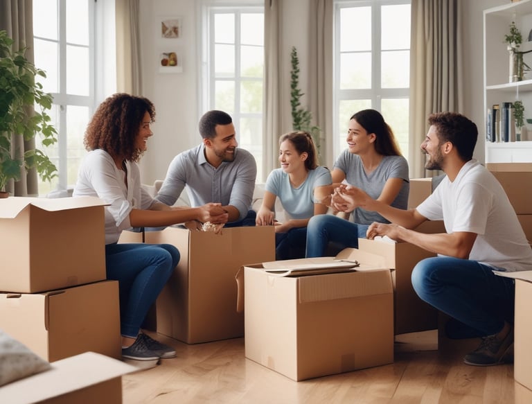 A warm, inviting office facade of a Medellín real estate agency with friendly staff welcoming clients.