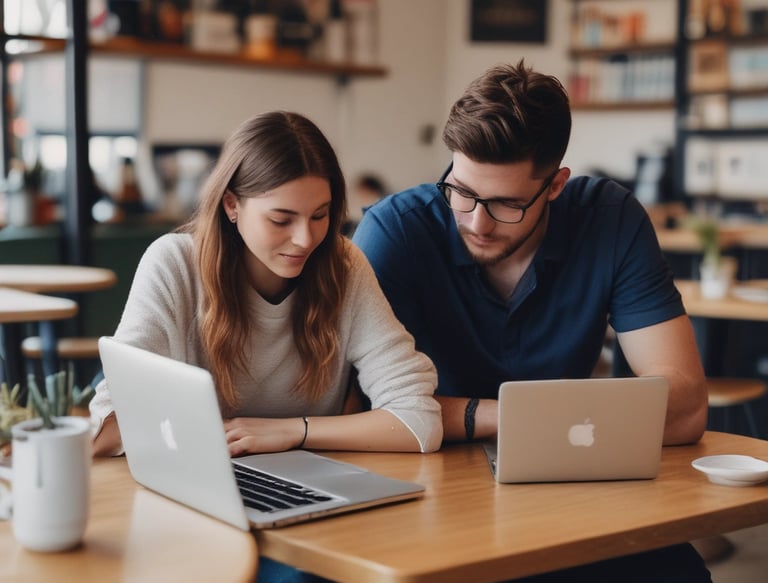deux jeunes adultes travaillant sur leur macbook dans un coffe shop
