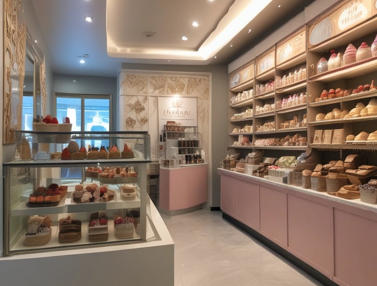 Elegant boutique ice cream shop interior with soft lighting and minimalist decor.