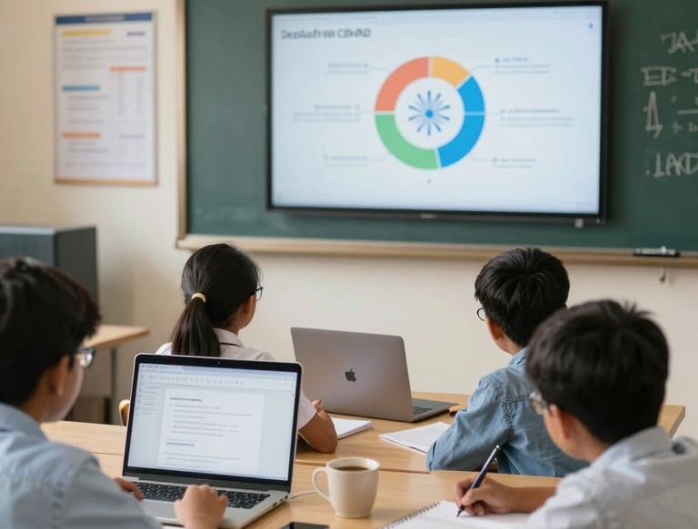 An educationist passionately mentoring a group of students in a bright classroom.