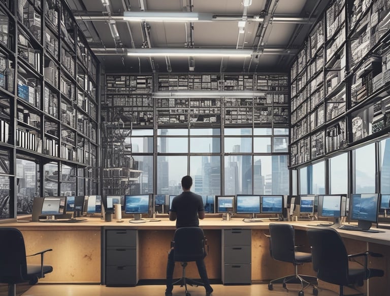 A dynamic team collaborating over blueprints and digital screens in a modern workspace.