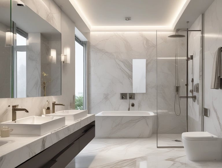 Modern luxury master bathroom featuring marble tiles, a double vanity, and a walk-in glass shower 