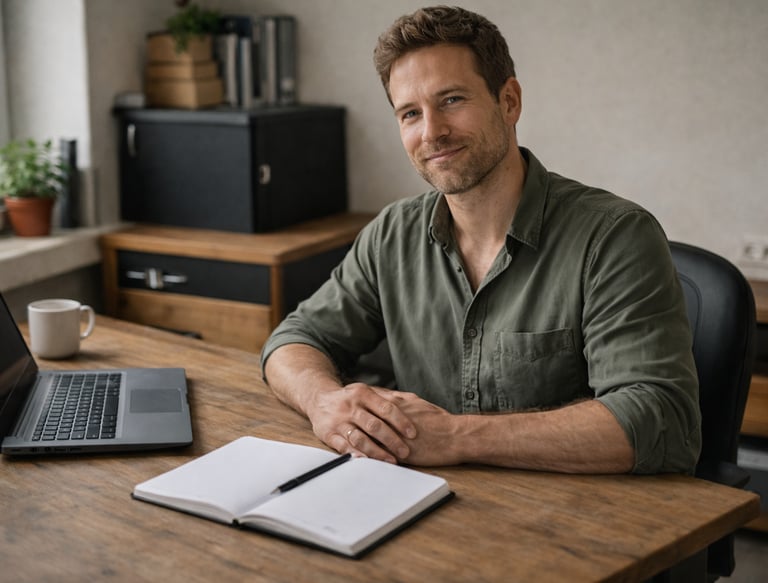 a man sitting at a desk with a notebook and notebook