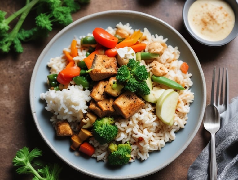 Close-up of a colorful bowl of plant-based protein smoothie topped with fresh fruits and seeds.