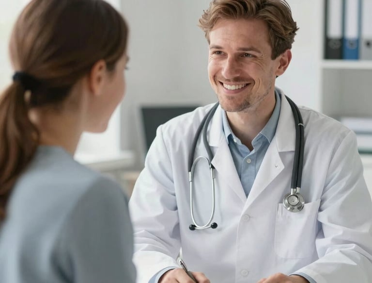 A warm, welcoming nurse smiling as she assists a patient in a bright hospital room.