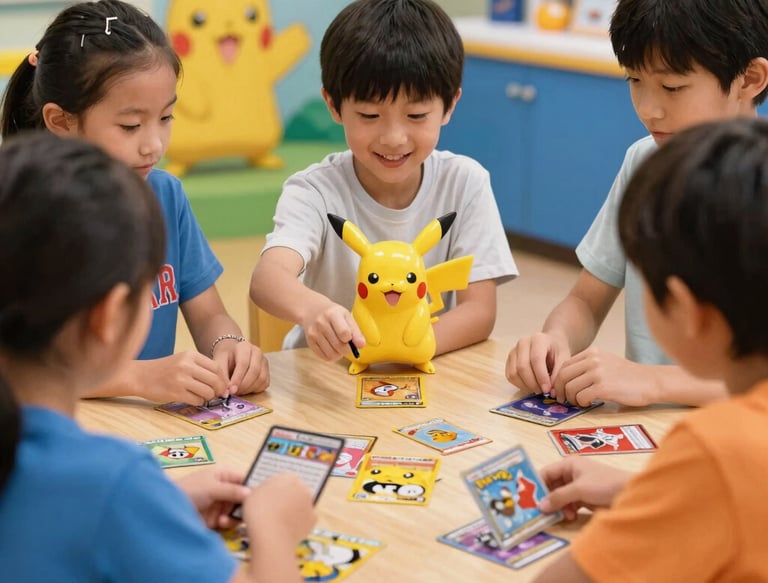 A sleek neon-lit gaming setup with Pokémon TCG cards displayed prominently on a black matte surface.