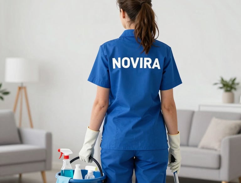 A smiling female cleaner in a blue uniform holding cleaning supplies in a bright, tidy living room.