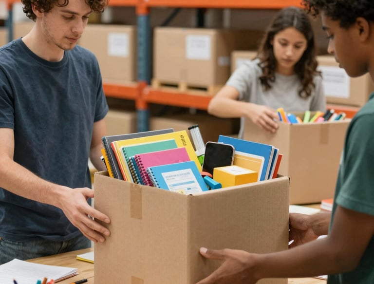 A cheerful family unpacking school supply kits at home, surrounded by colorful notebooks and backpacks.
