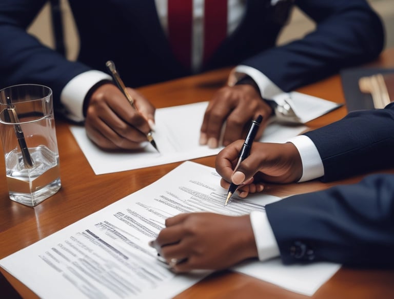 A close-up of legal documents and a pen on a wooden desk.