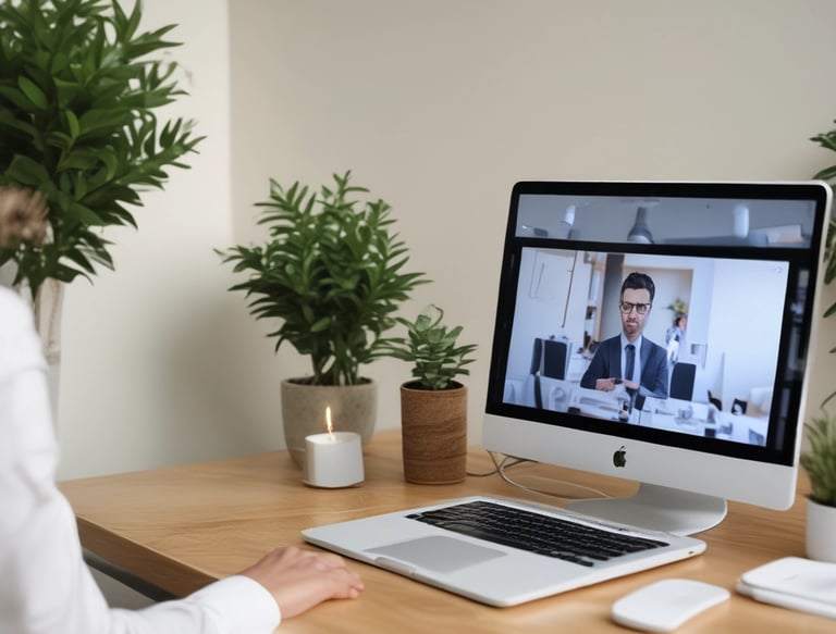 A cozy home office setup with soft lighting and a laptop ready for a video consultation.