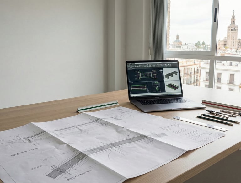Ingeniero revisando planos técnicos en mesa de trabajo en oficina de ingeniería y obra civil en Sevilla.